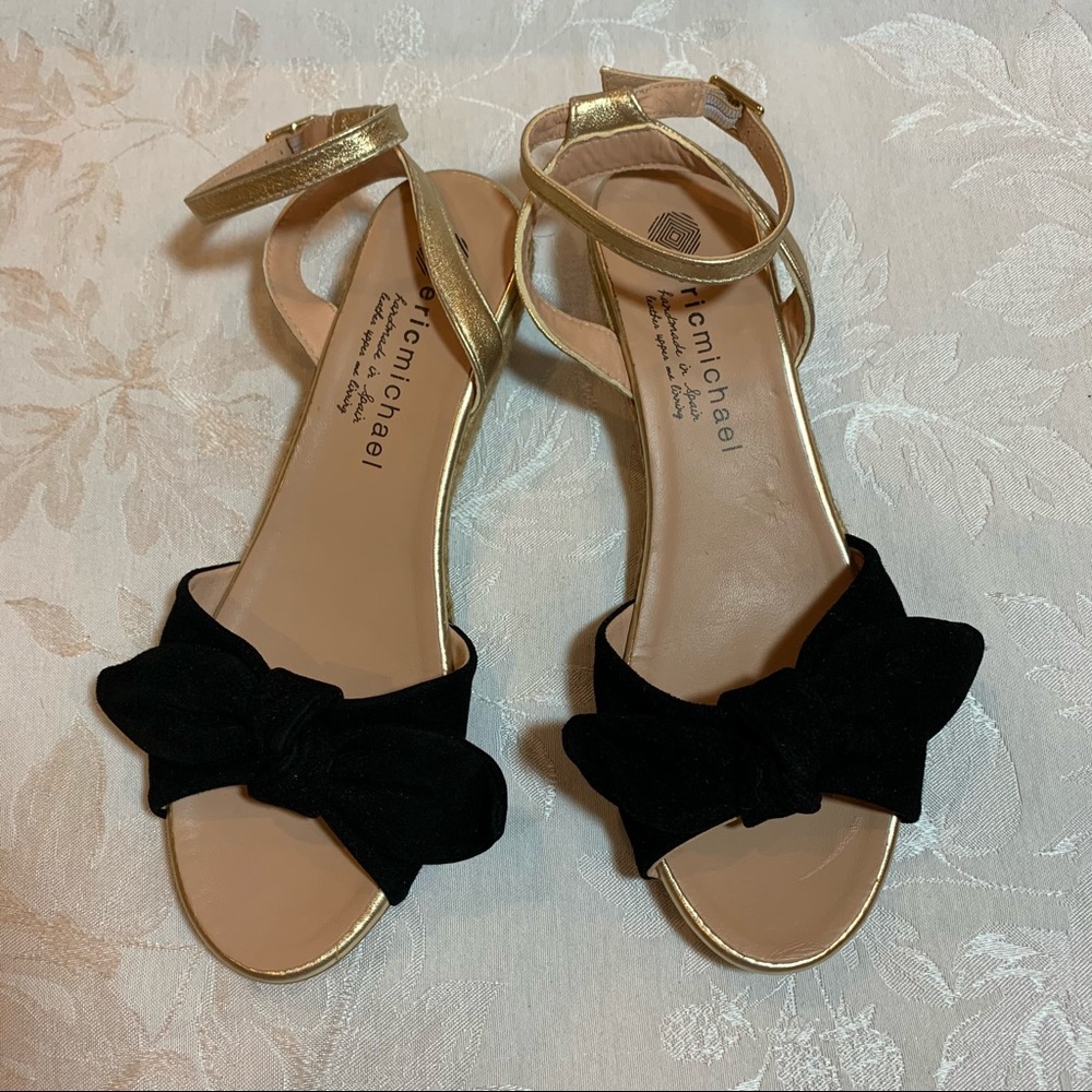 Eric Michael Black/Gold Suede Espadrille Sandals - size 8.5 ( 39 EU).